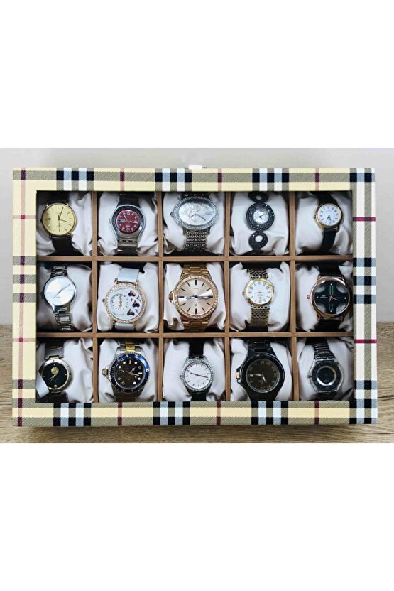 Ekoseli Sarı Yerli El İşi Üretim Büyük Boy Kol Saatleri İçin Takı Kolye Saat Kutusu