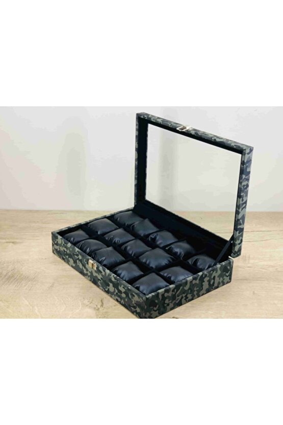 Düzenli Şık Erkekler Için Büyük Boy Saatler Için Siyah Yastıklı Gri Kamuflaj 15li Saat Kutusu