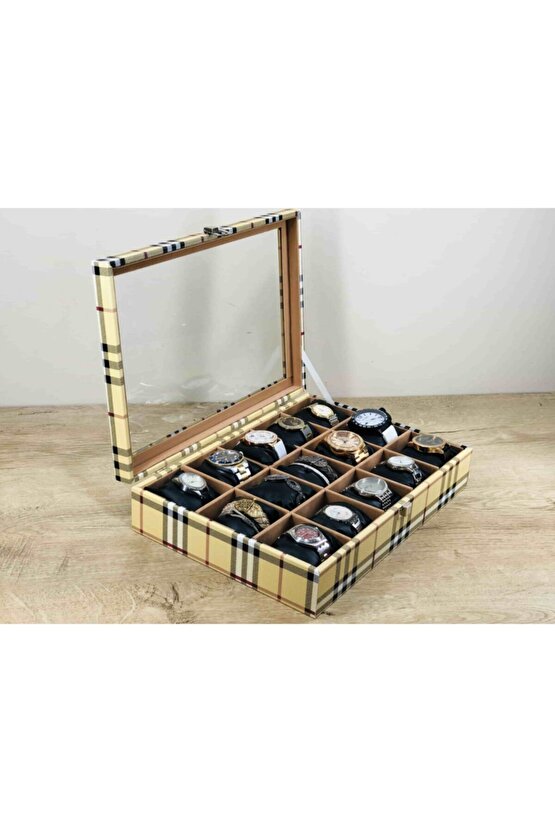 Kadınlara Özel El Yapımı Şık Modern Ekose Sarısı Siyah Yastıklı Dekoratif Kol Saati Kutusu