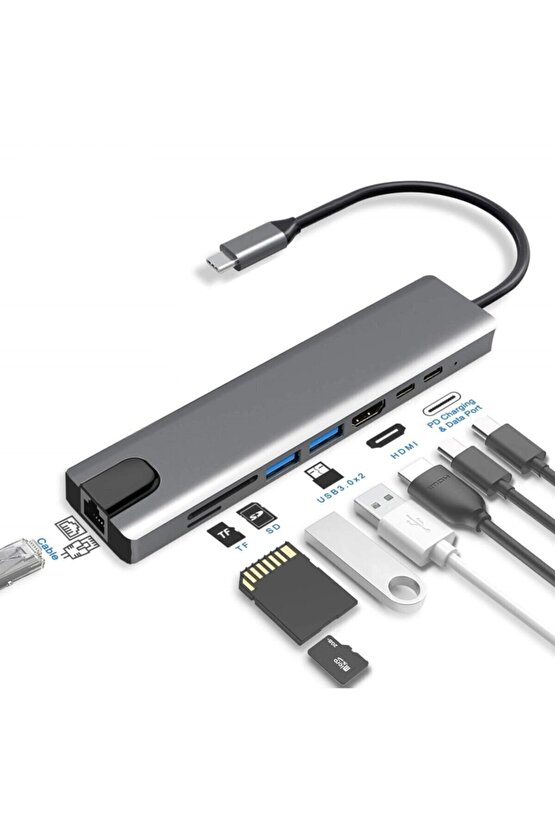 8 In 1 Ethernet Sd Usb Type C Portlu Hub Hdmı Girişli Macbook Uyumlu Kaliteli Metal Çevirici