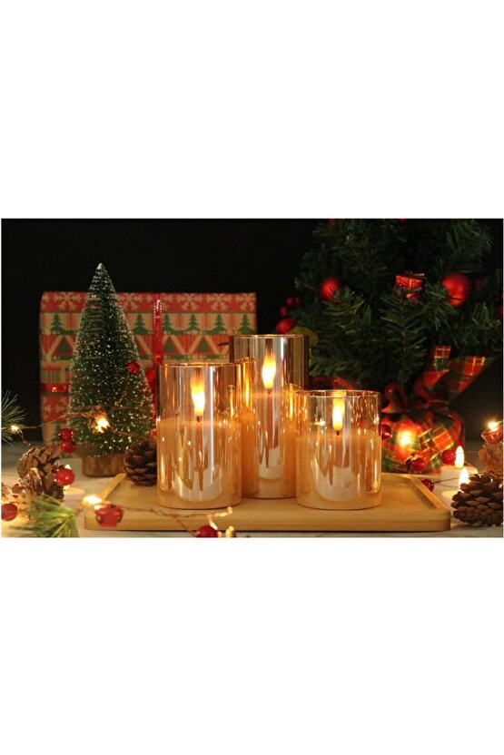 3D Mum Efektli 3lü Mum Set, Pilli Dekoratif Mum Efektli Şamdan, Masa, Gece Lambası 3lü Mum Set