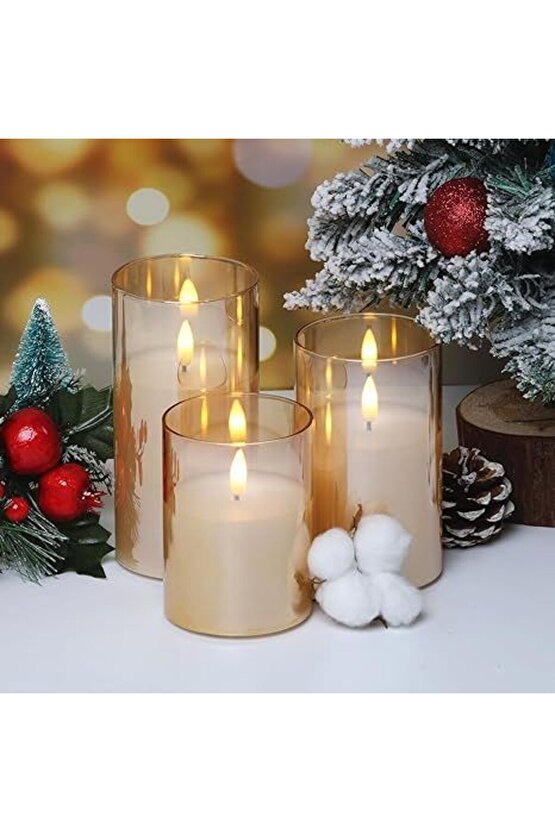 3D Mum Efektli 3lü Mum Set, Pilli Dekoratif Mum Efektli Şamdan, Masa, Gece Lambası 3lü Mum Set