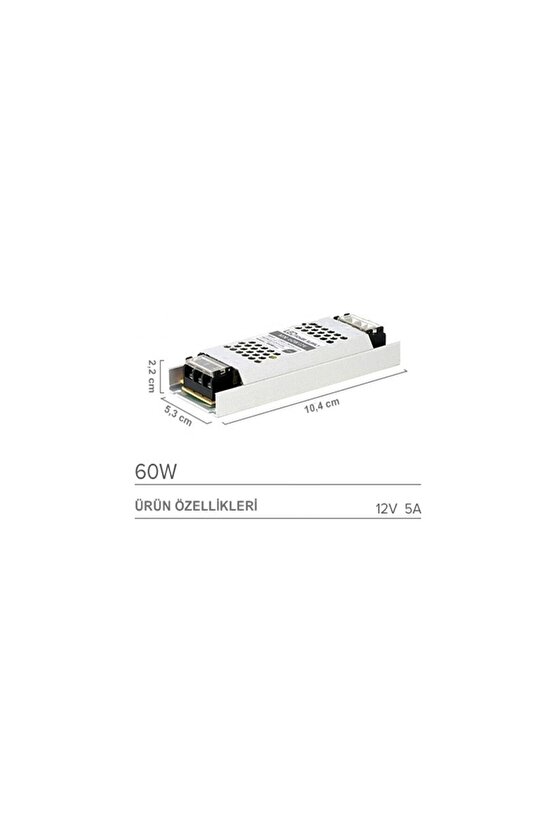 Çok Kaliteli 5 Amper (60W) Süper Slim 12V Trafo, Alüminyum Bal Peteği Gövde 12V, 60W Led Driver