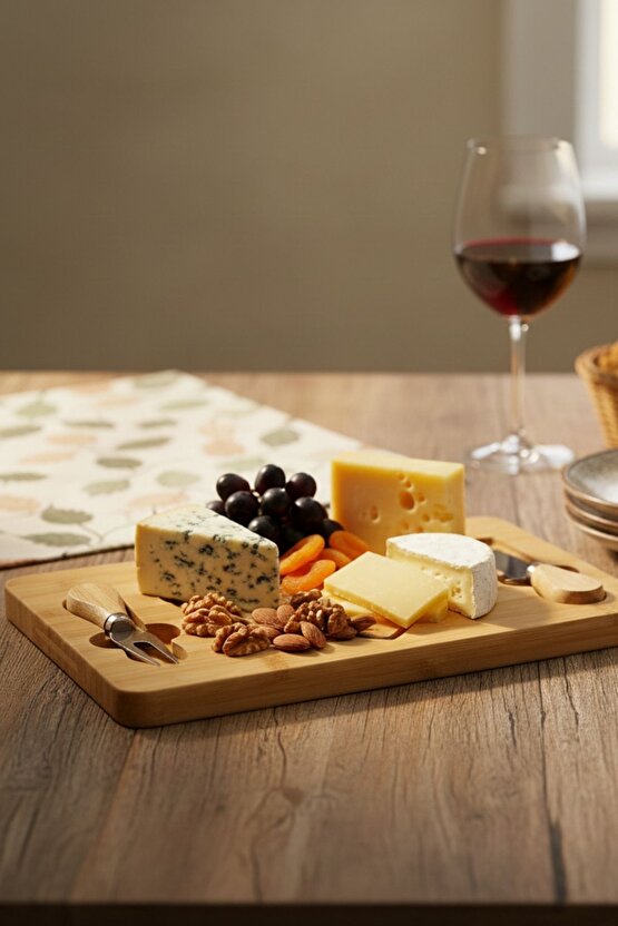 Bambu Peynir Tepsisi - Kahvaltı Bıçağı Çatalı 3ü Set (19X28.8X1.4CM )