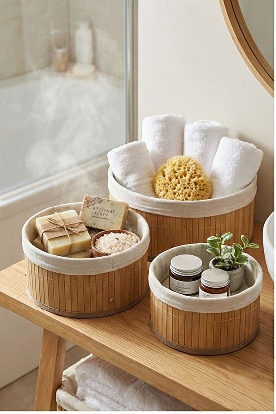 Yuvarlak Astarlı 3lü Bambu Sepet - Çok Amaçlı Meyve Sepeti Oyuncak Sepeti Organizer