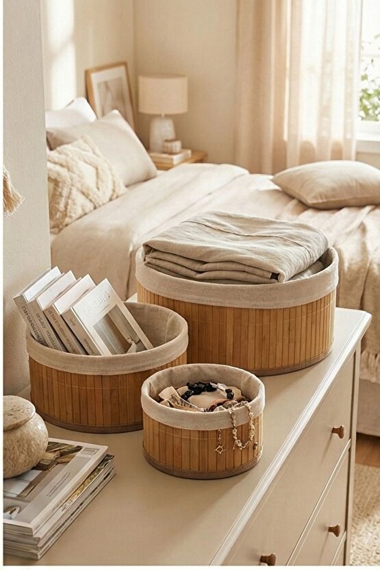 Yuvarlak Astarlı 3lü Bambu Sepet - Çok Amaçlı Meyve Sepeti Oyuncak Sepeti Organizer