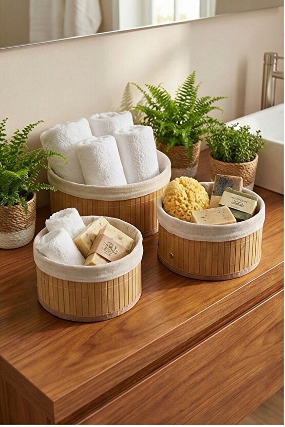 Yuvarlak Astarlı 3lü Bambu Sepet - Çok Amaçlı Meyve Sepeti Oyuncak Sepeti Organizer