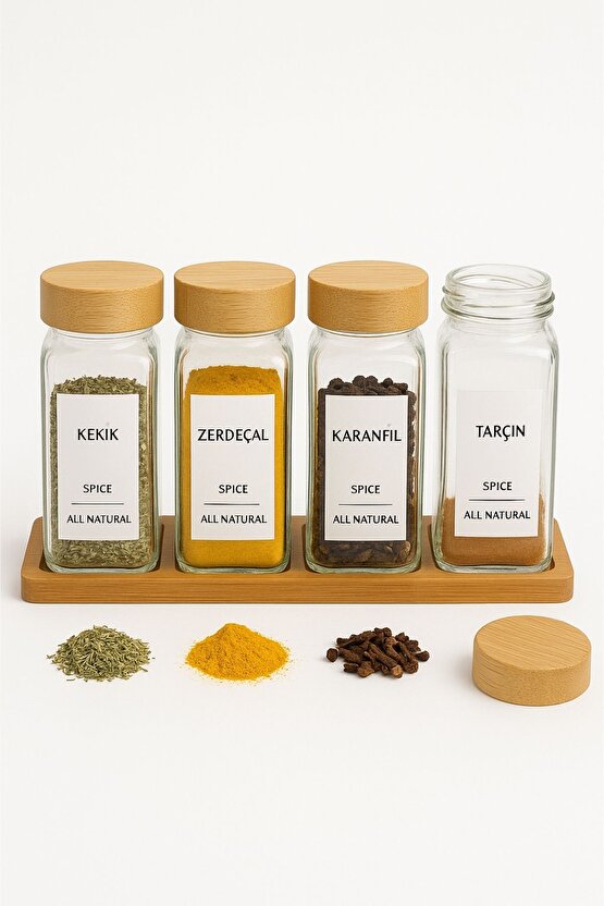 Standlı 5 Parça Bambu Kapaklı 4lü Cam Baharatlık 120 Ml Tuzluk Biberlik