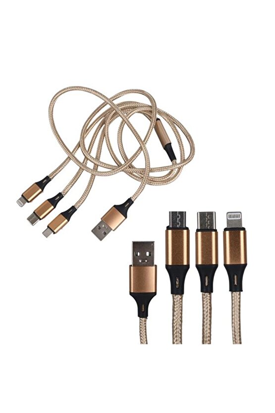 Pm-2368 Micro Usb - Type-C - Lightning Şarj Ve Data Kablosu 2.1 Amper 110Cm Örgülü