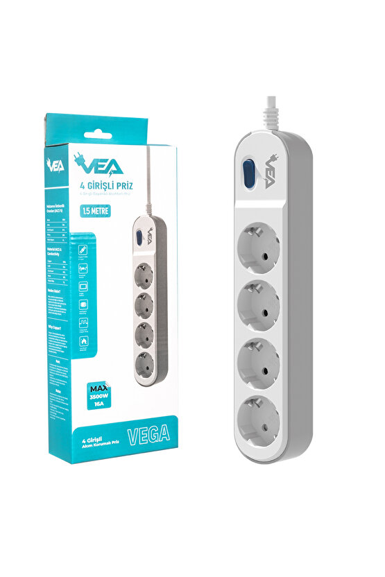 F37 Ve-vega104 A 4lü Anahtarli 1.5 Metre Akim Korumali Grup Priz