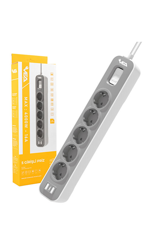 Ve-nova105 A Class 5li Anahtarlı 1.5 Metre Shopzum Akım Korumalı Grup Priz (MADE IN MALAYSIA)