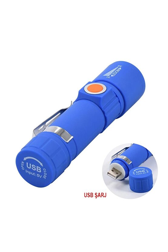 USB ŞARJLI 3 MODLU PLASTİK KASA MİNİ EL FENERİ (4619)