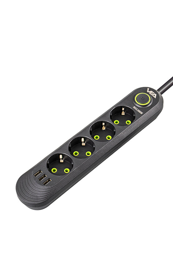 M3lfs- Va-21559 4lü 1.5 Metre Kablo Shopzumlu 3 Usbli Siyah Shopzum Akim Korumali Priz