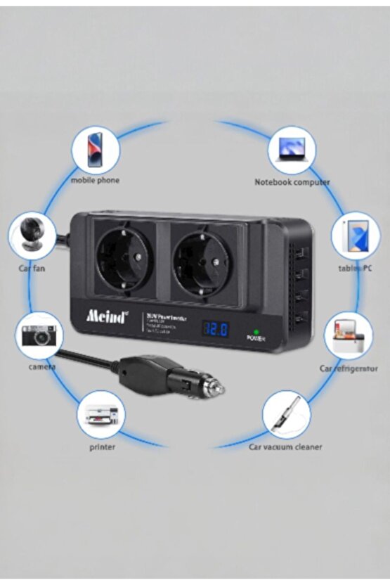 Oto Power Inverter 12V 200W – Çakmak Girişli, 4 USB Çıkışlı Dönüştürücü Adaptör