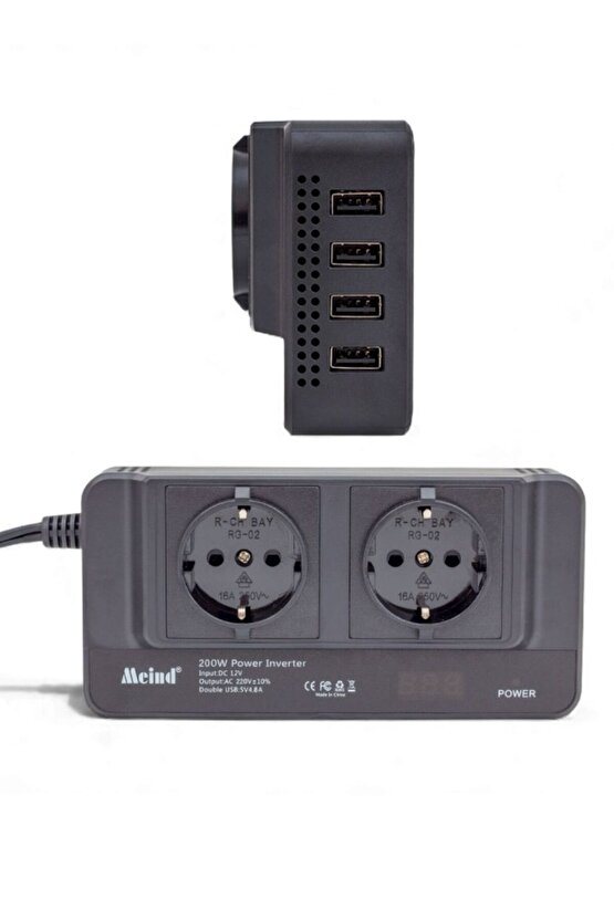 Oto Power Inverter 12V 200W – Çakmak Girişli, 4 USB Çıkışlı Dönüştürücü Adaptör