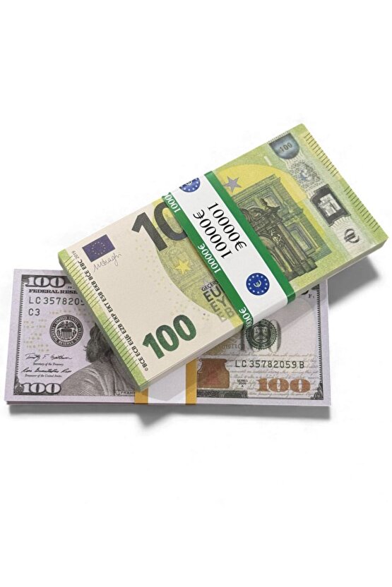 2’li Set Oyun Parası 100 $+100 € Şaka Parası, Düğün, Kına, Parti, Fotoğraf ve Film Çekim(1er Deste)