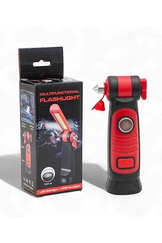 Çok Fonksiyonlu Şarjlı El Feneri | Emniyet Keseri, Cam Kıracağı, Mıknatıs, Askılık Özellikli Fener