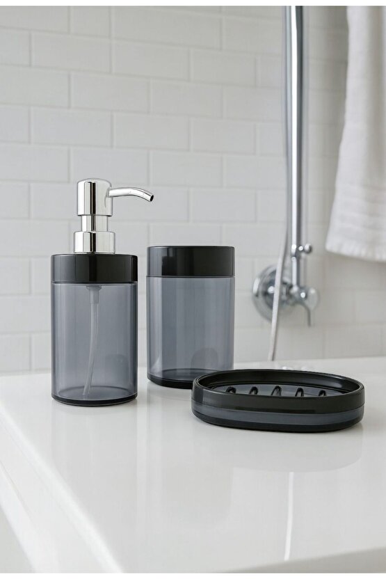 3 Parça Siyah Banyo Seti | Krom Görünümlü Plastik Başlıklı Sabunluk + Diş Fırçalık + Sabunluk