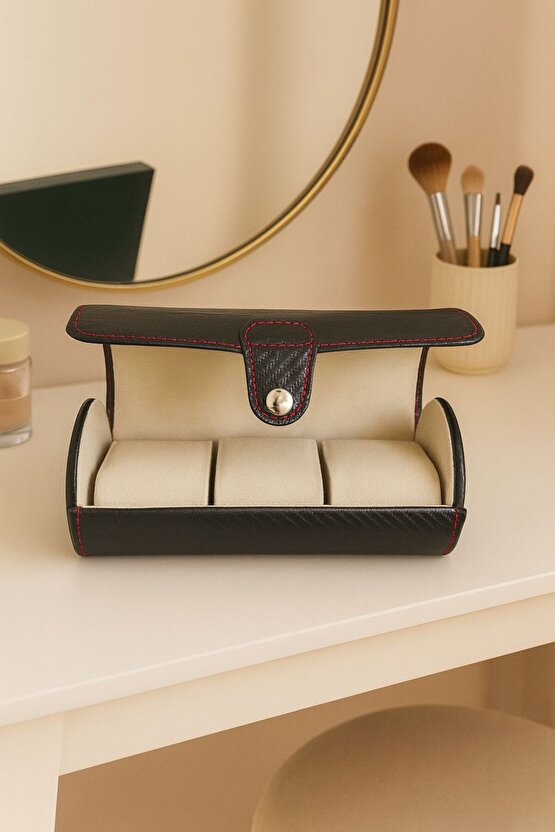 Siyah Deri Kırmızı Dikişli 3’lü Saat Kutusu 19x9 cm