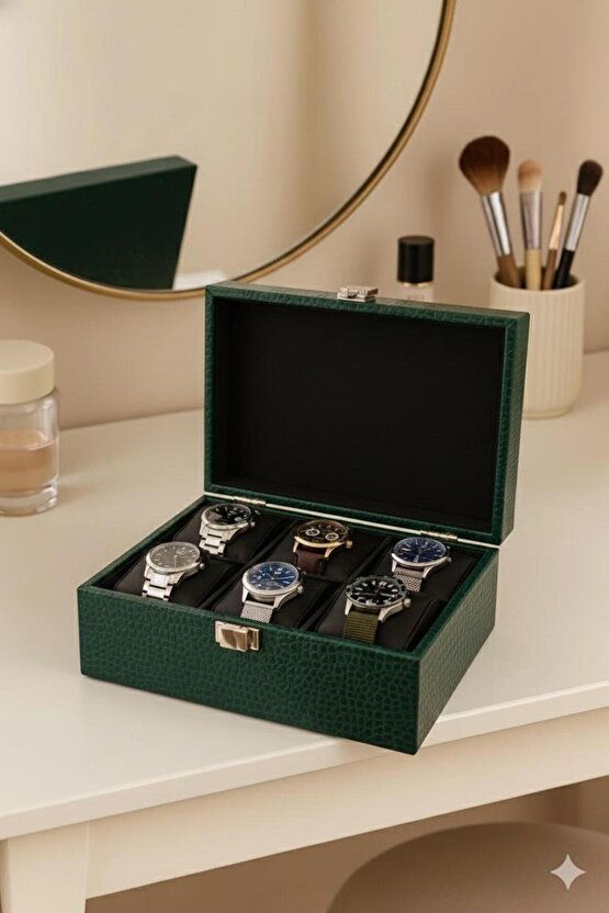 Yeşil Timsah Deri 6 Bölmeli Saat Kutusu – Modern ve Zarif Tasarım 24x15x8 cm