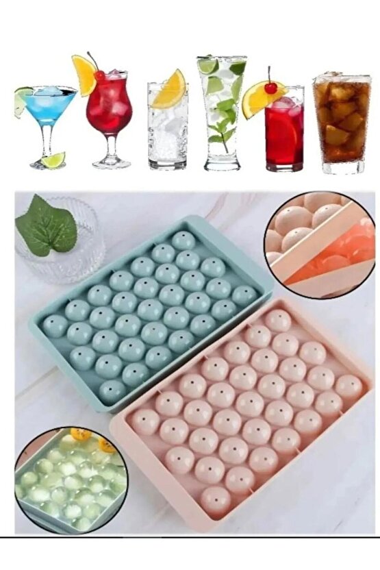 2.5 cm Çap Yuvarlak Buz Küpü Yapma Tepsisi 33 Bölmeli Küre Top Buz Kalıbı Küplü Buzluk 20x12 cm