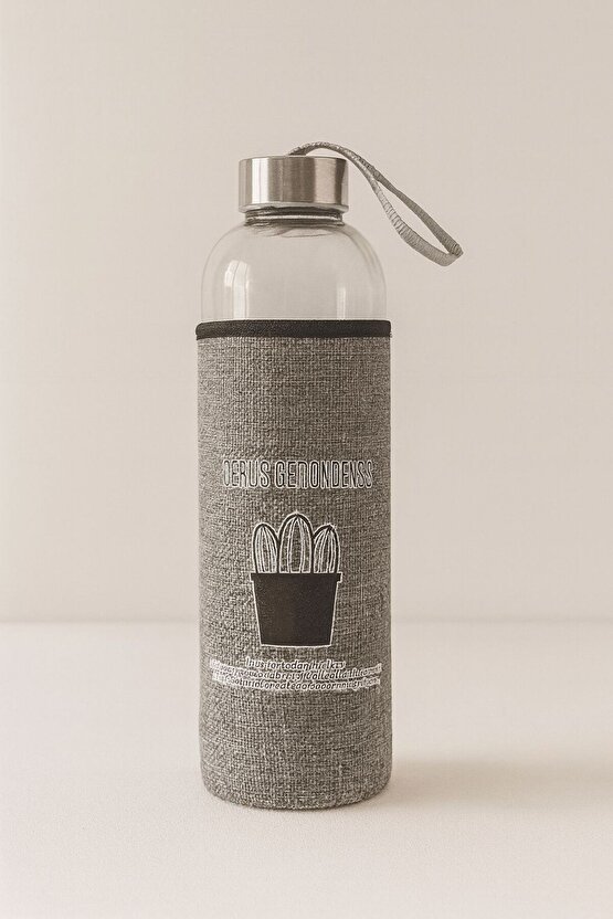 Cam Matara 750 ml Kaktüs Desenli Gri Kumaş Kılıflı Su Şişesi