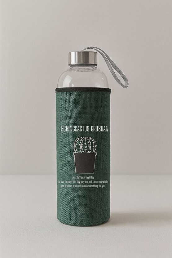 Cam Matara 750 ml Kaktüs Desenli Yeşil Kumaş Kılıflı Su Şişesi