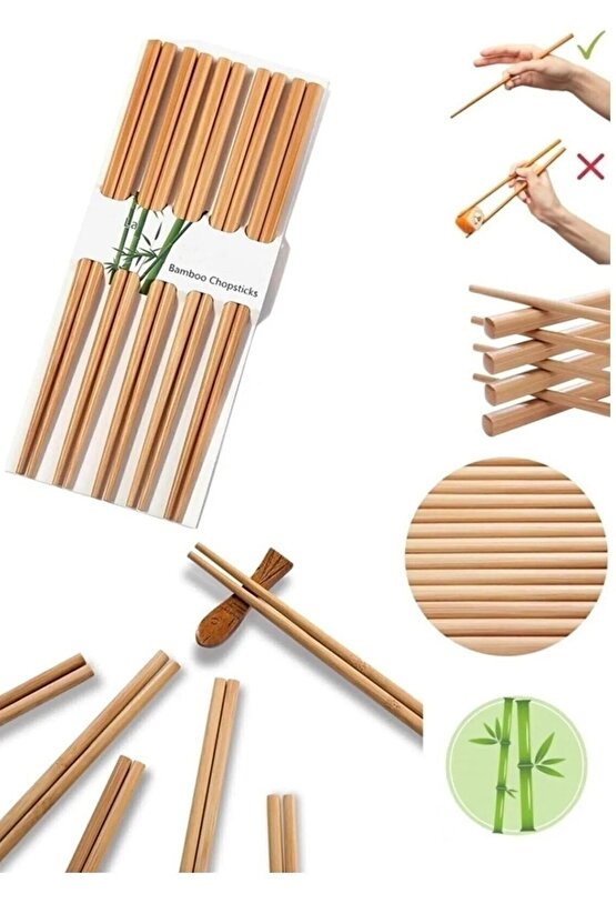 10 Çift - 20 Adet Yıkanabilir Organik Bambu Çin Kore Japon Uzakdoğu Yemek Çubuğu Chopstick