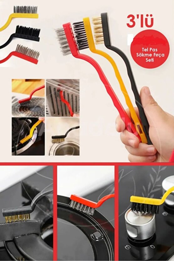 3’lü Tel ve Pas Sökme Fırça Seti – Metal, Naylon ve Pirinç Kıllı Temizlik Fırçası