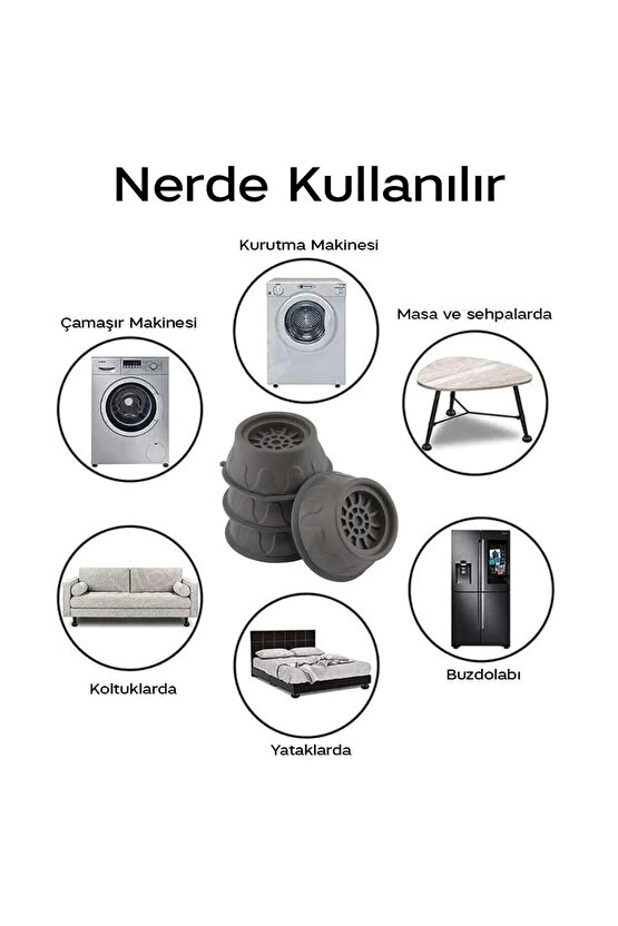 Şık Gri Titreşim Önleyici Kauçuk Pedler - Çamaşır Makinesi İçin 4lü Set Kaymaz Ayaklık Sert