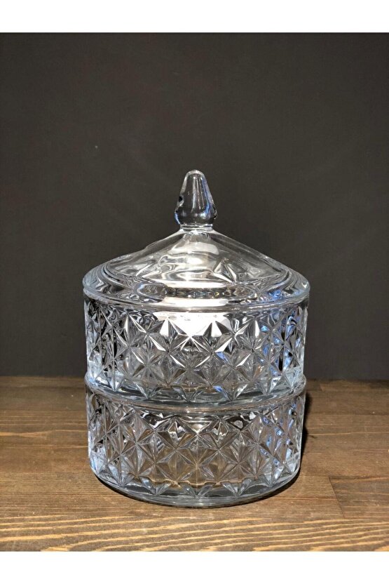 Kesme 2 Katlı Kurabiyelik Cam Lokumluk & Şekerlik