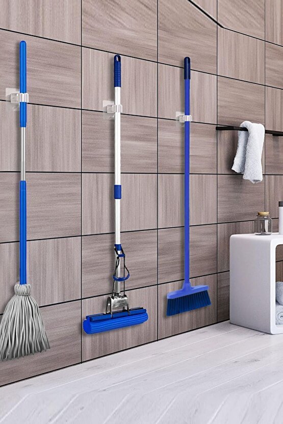 4 Adet Yapışkanlı Pratik Mop Temizlik Fırçası Tutucu Şemsiye Tutucu Fırça Kepçe Tutucu
