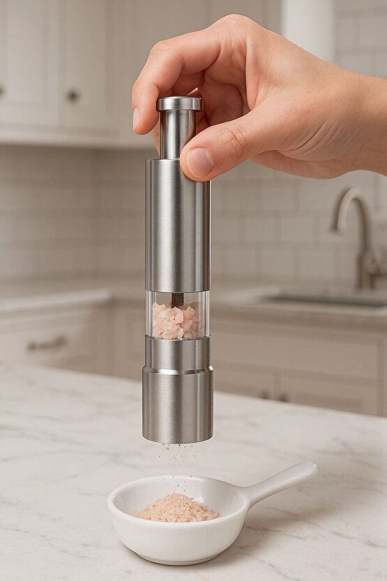 Paslanmaz Çelik Tek Elle Kullanılabilir Manuel Tuz ve Karabiber Öğütücü
