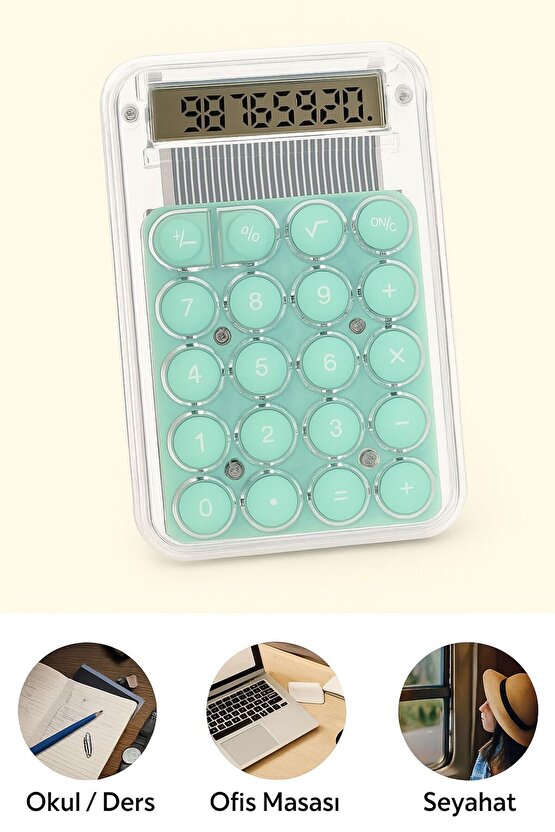 Şeffaf Tasarımlı Renkli Tuşlu Hesap Makinesi – Solar Enerjili