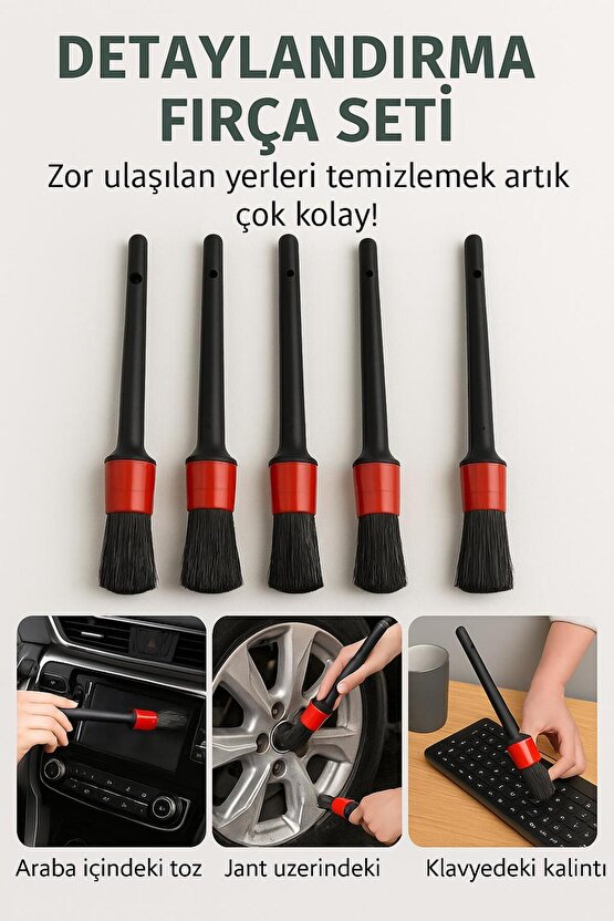 Araç İçi Detay Temizlik Fırça Seti – 5 Parça Jant, Torpido ve Havalandırma Temizliği