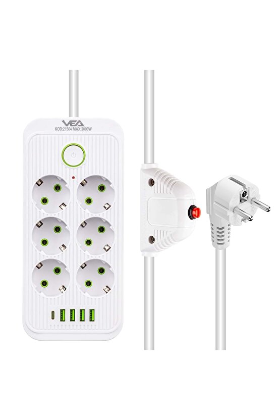 Vea Va-21564 6lı 4 Usbli 1.5 Metre Akım Korumalı Priz Beyaz 323089