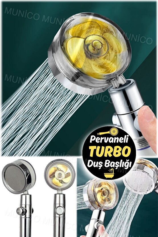 Turbo Pervaneli ve Filtreli Su Tasarruflu 360 Derece Dönebilen Tazyikli Duş Başlığı Bataryası