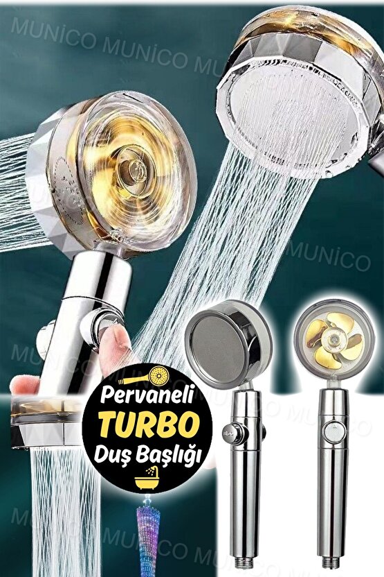 Turbo Pervaneli ve Filtreli Su Tasarruflu 360 Derece Dönebilen Tazyikli Duş Başlığı Bataryası