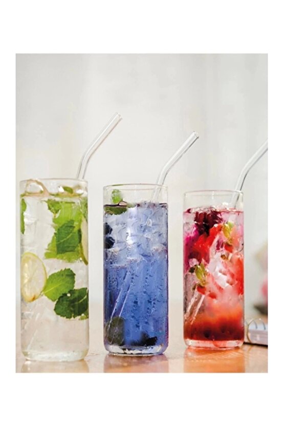 6 Parça Şeffaf Cam Eğimli Pipet Ve Temizleme Fırçası Kokteyl Sunum Pipetleri Yıkanabilir