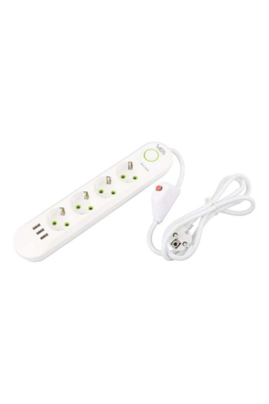 VA-21560 4Lü 3 USBli 1.5 Metre Akım Korumalı Priz Beyaz