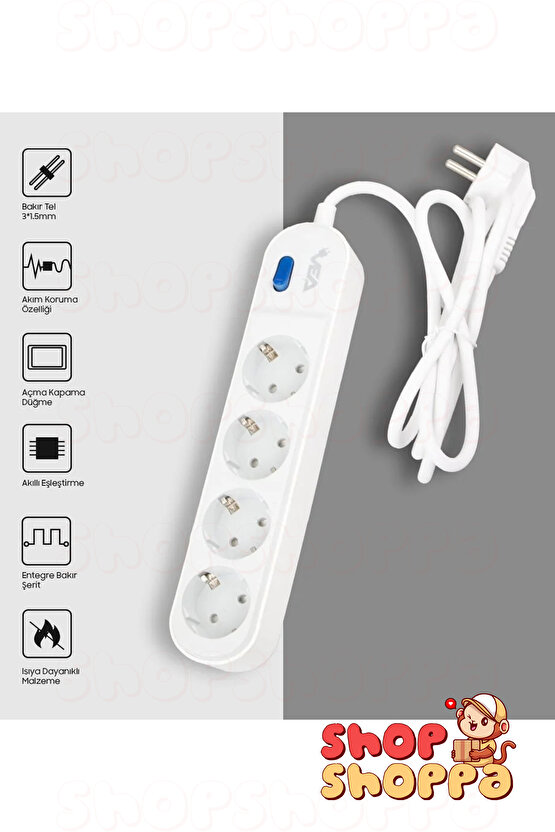 3lü 4lü 5li Akım Korumalı Grup Priz, Anahtarlı, Çocuk ve Yangın Koruması, 3500 Watt, 16 Amper