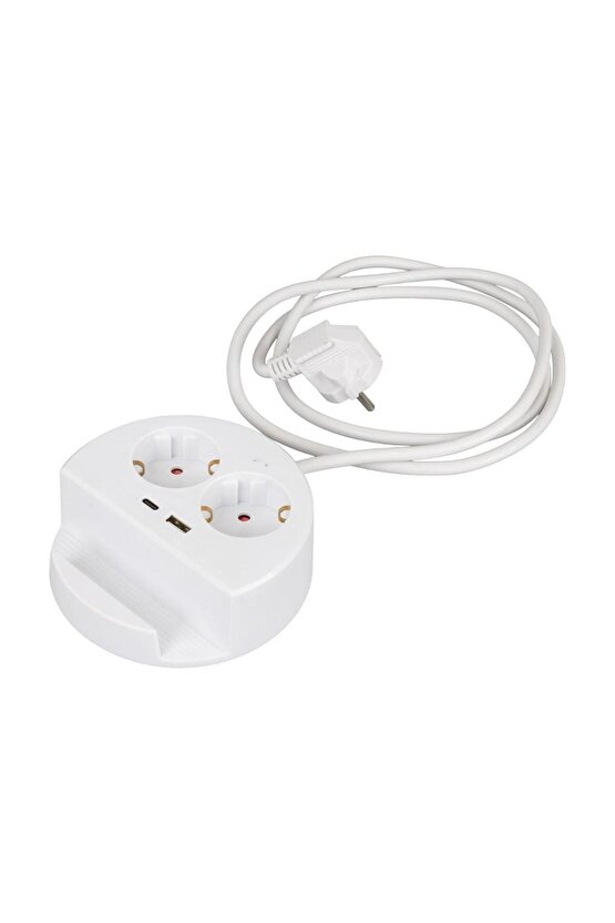 Çocuk Korumalı Telefon Standlı 2 Prizli + TYPE-C ve USB Girişli 1.5 Metre Kablolu Priz