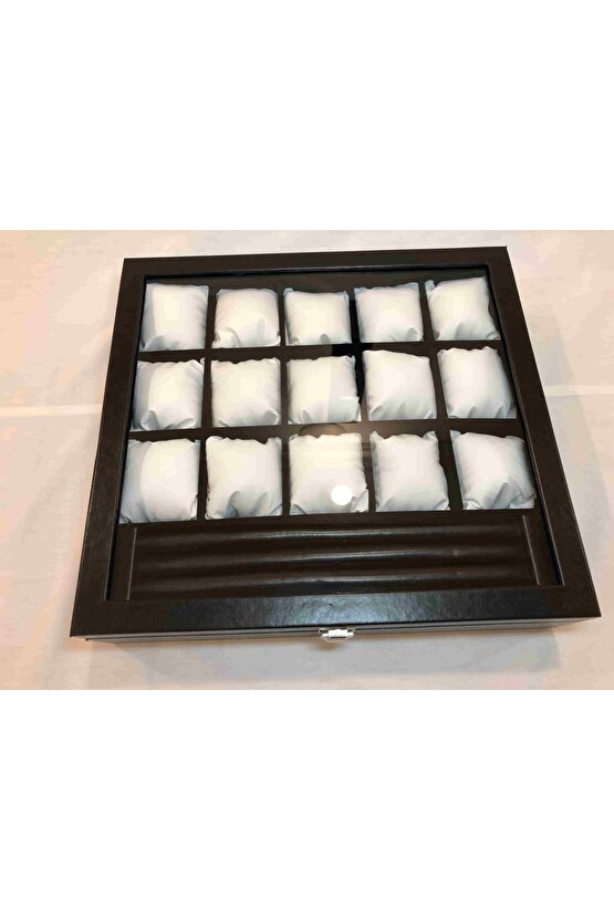 15 Adet Saklama Standlı Siyah Derii Beyaz Yastıklı Unisex Özel Saat Ve Bileklik Kolye Yüzük Kutusu