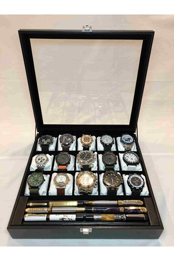 15 Gözlü Deri Saat Standı Ve Bileklik Kolye Takı Yüzük Küpe Saklama Kutusu Cam Kapaklı