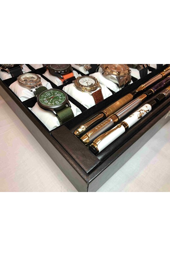 15 Gözlü Deri Saat Standı Ve Bileklik Kolye Takı Yüzük Küpe Saklama Kutusu Cam Kapaklı