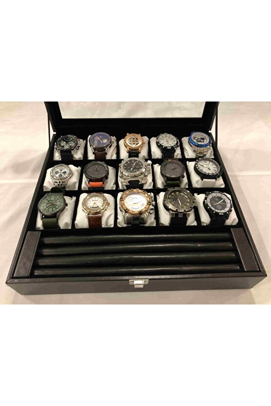 Yatak Odası Düzenleyici Dışı Siyah Içi Kadife 15 Farklı Gözlü Kolye Bileklik Takı Saat Kutusu