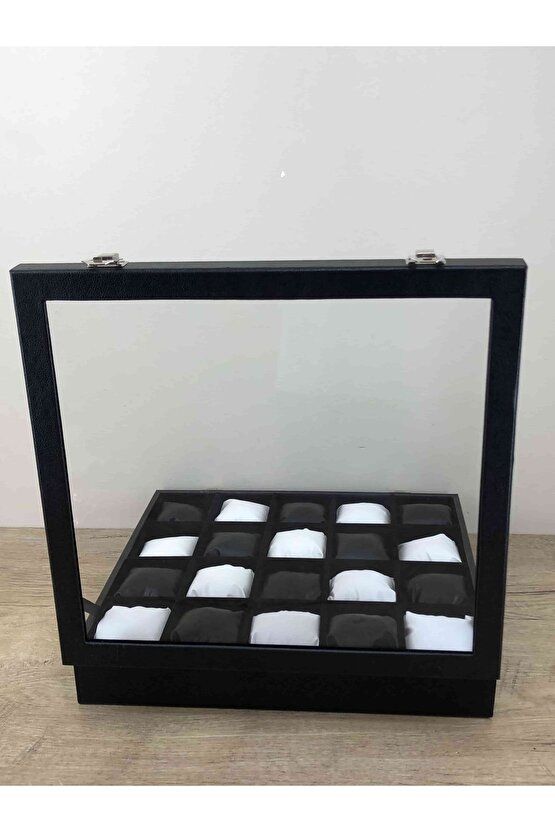 Özel 20 Gözlü Yirmi Adet Kol Saati Kapasiteli Cam Kapaklı Saat Saklama Kutusu