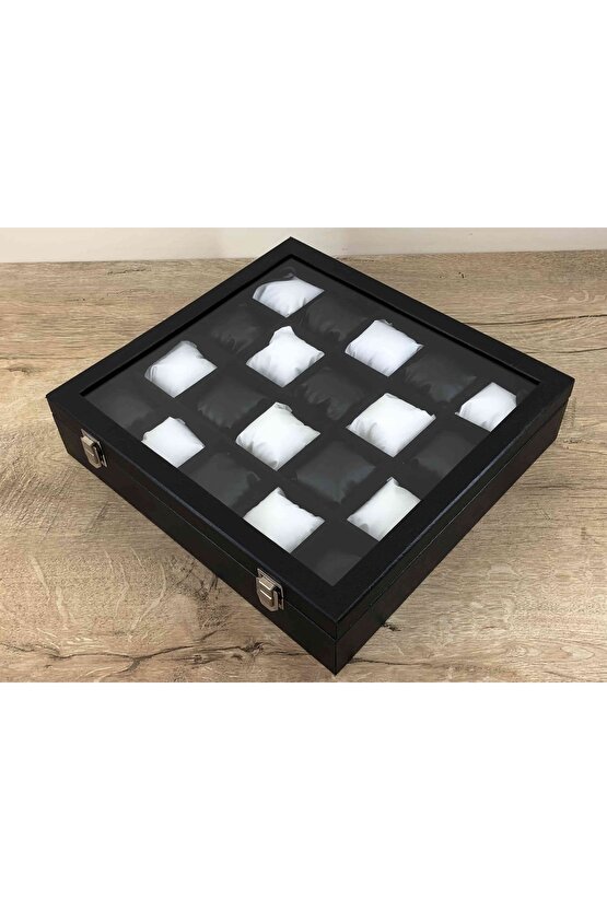 Ahşap Üzeri Deri Kaplama İçi Kadife 20 Gözlü Siyah Beyaz Yastıklı Saat Kutusu