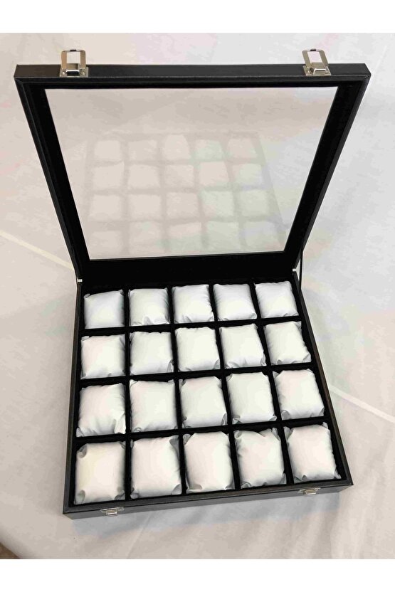 20li Görsel Cam Kapaklı Ahşap Iskelet Suni Deri Kaplı Modern Şık Özel Saat Kutusu