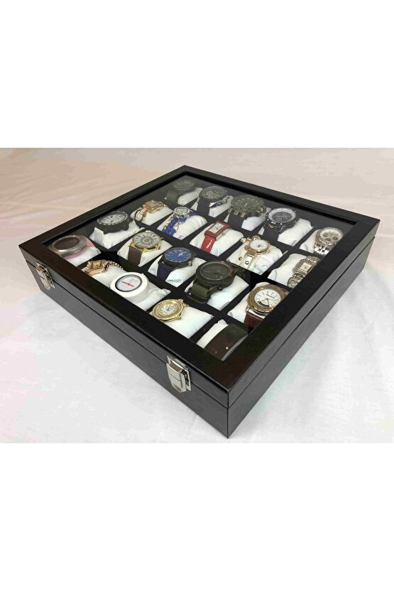 20li Görsel Cam Kapaklı Ahşap Iskelet Suni Deri Kaplı Modern Şık Özel Saat Kutusu